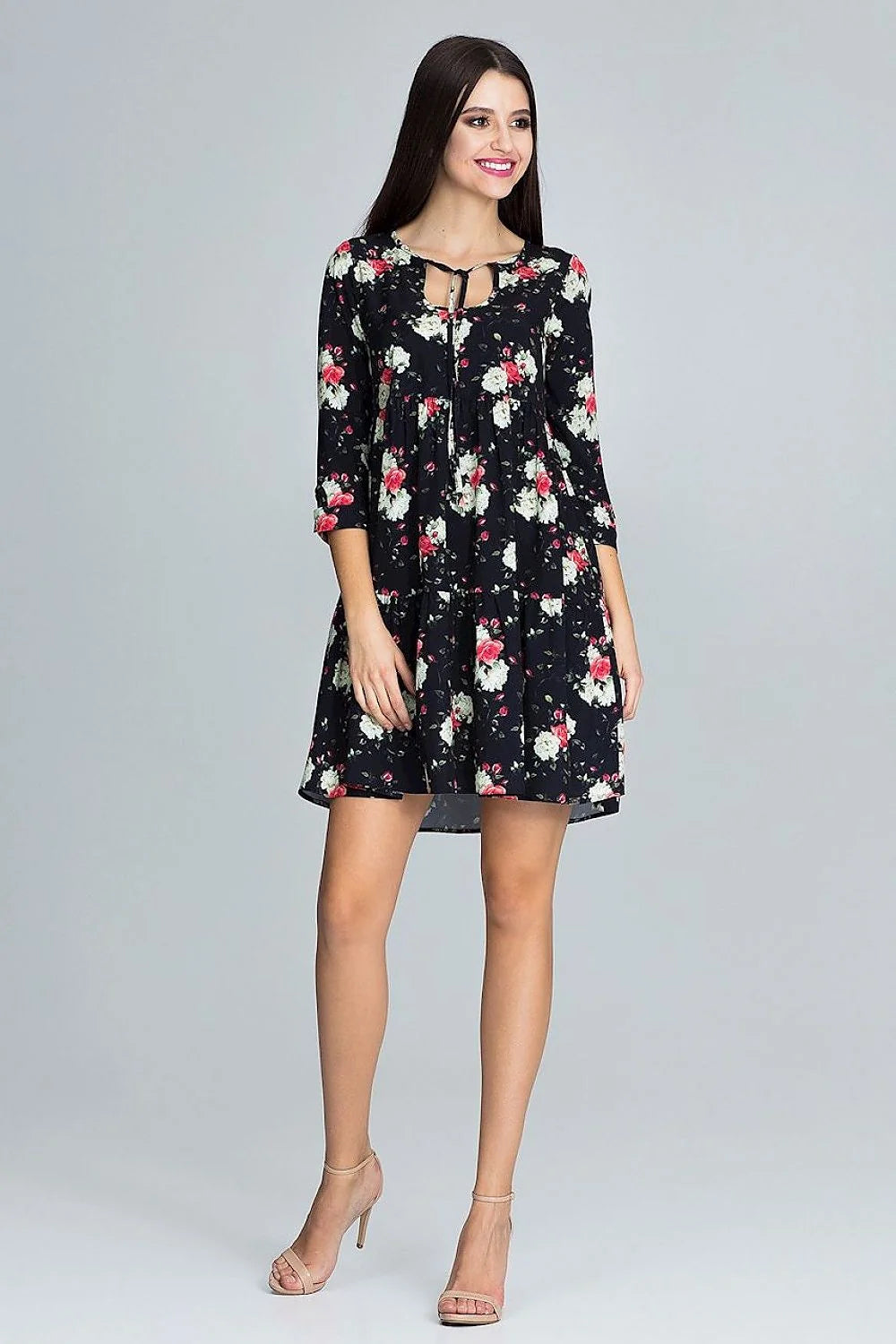 Robe florale en coton style décontracté chic ample manches trois-quarts motifs féminine élégante estivale