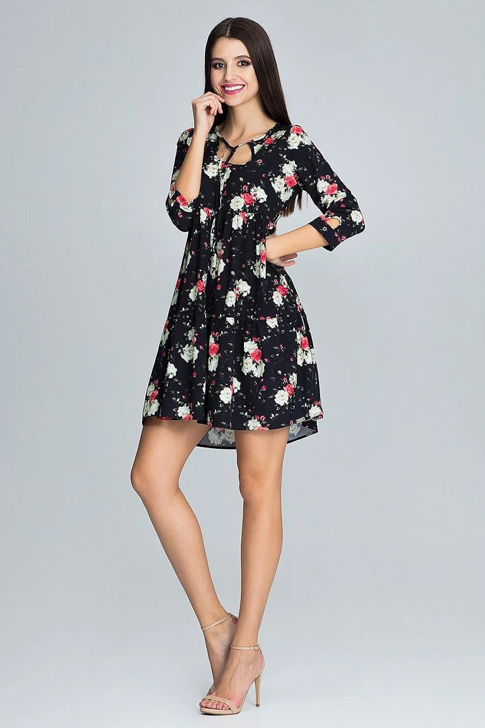 Robe florale en coton style décontracté chic ample manches trois-quarts motifs féminine élégante estivale