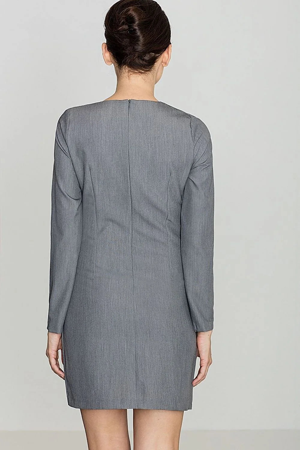 Robe grise col V manches longues casual minimaliste tissu synthétique ajustée pour femmes modernes élégantes