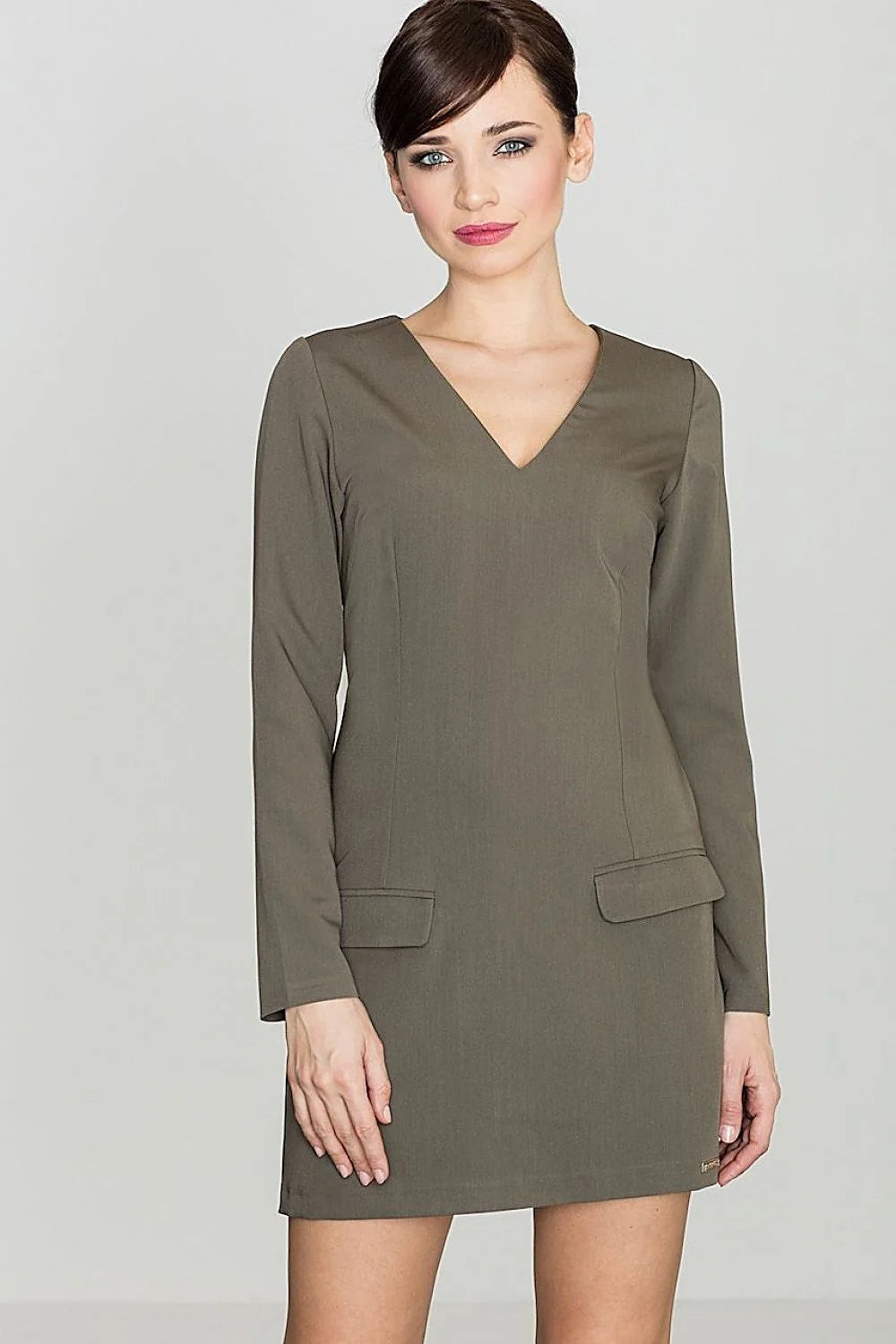 Robe grise col V manches longues casual minimaliste tissu synthétique ajustée pour femmes modernes élégantes