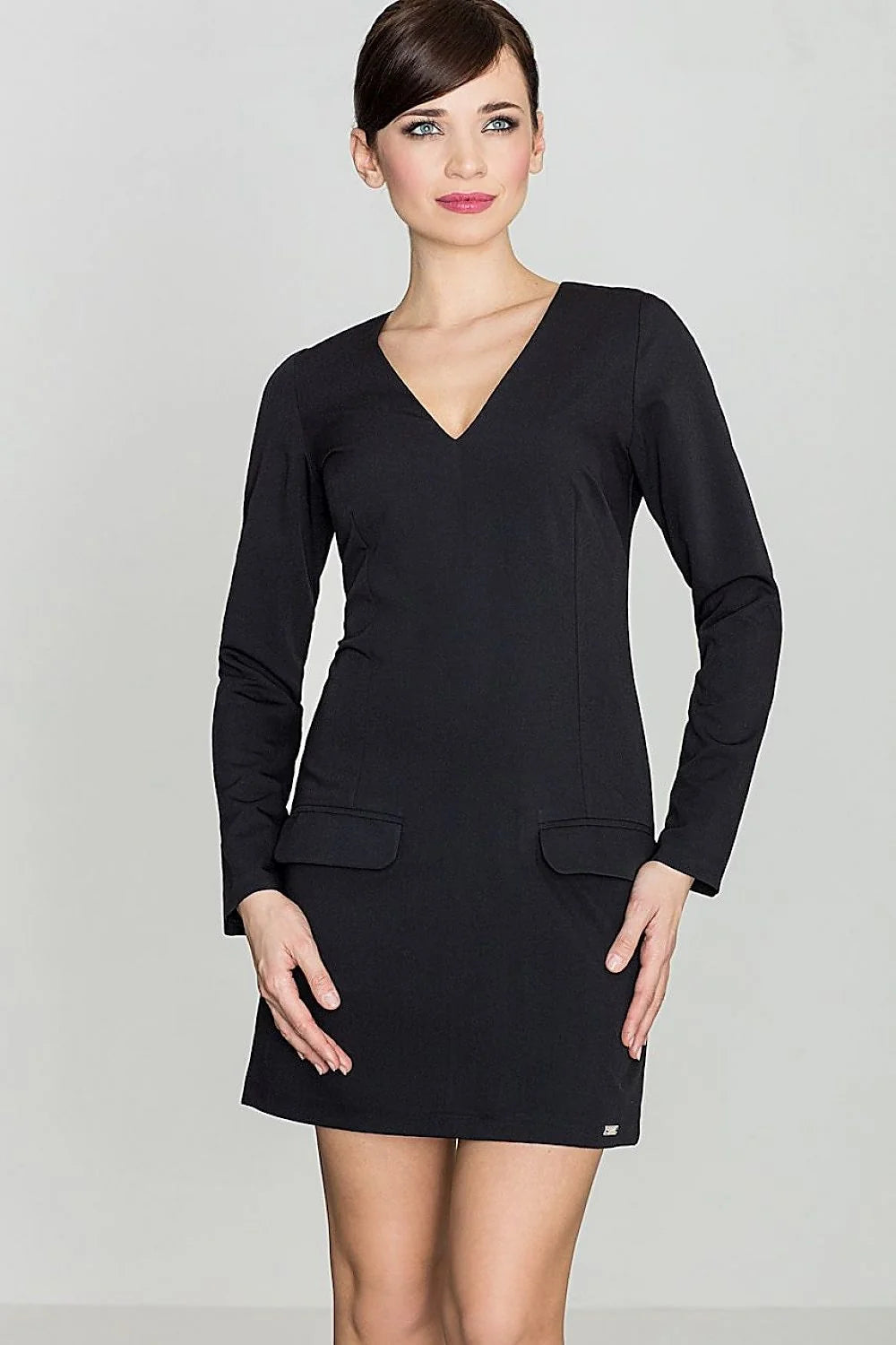Robe grise col V manches longues casual minimaliste tissu synthétique ajustée pour femmes modernes élégantes