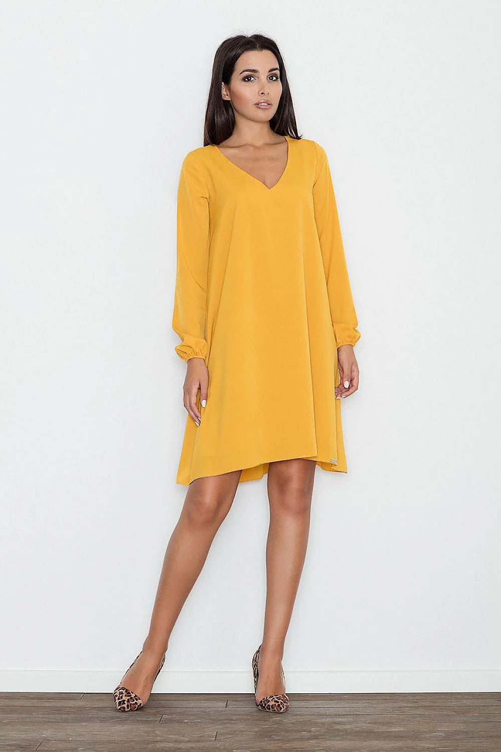 Robe jaune polyester chic décontractée manches longues décolleté en V idéale pour l'été