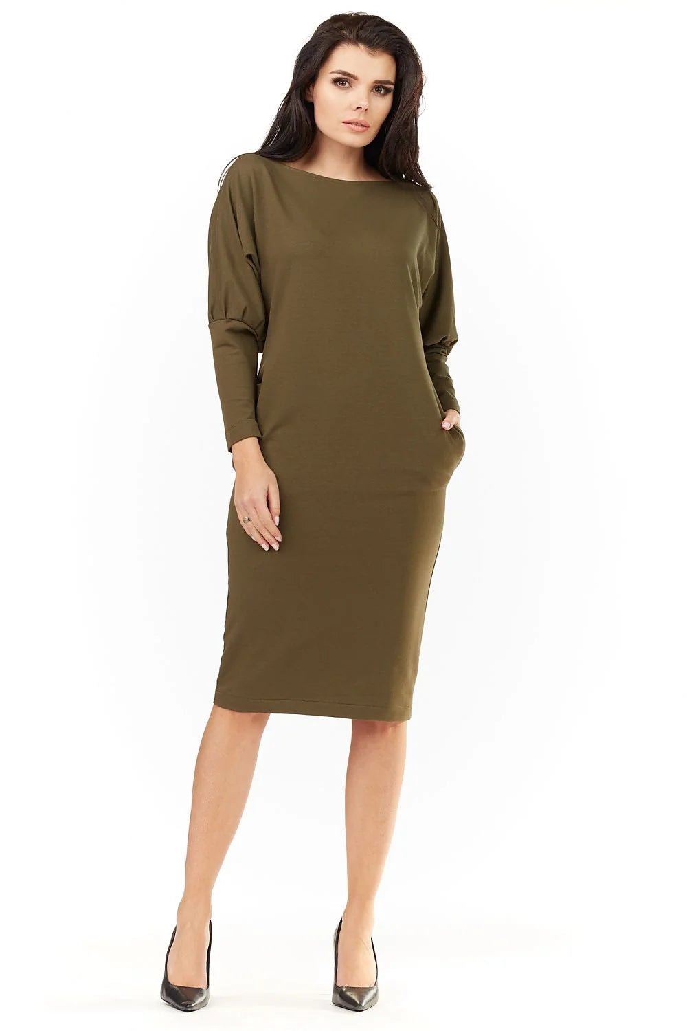 Robe kaki coton décontractée élégante manches longues poches pour femmes chic confort quotidien tendance