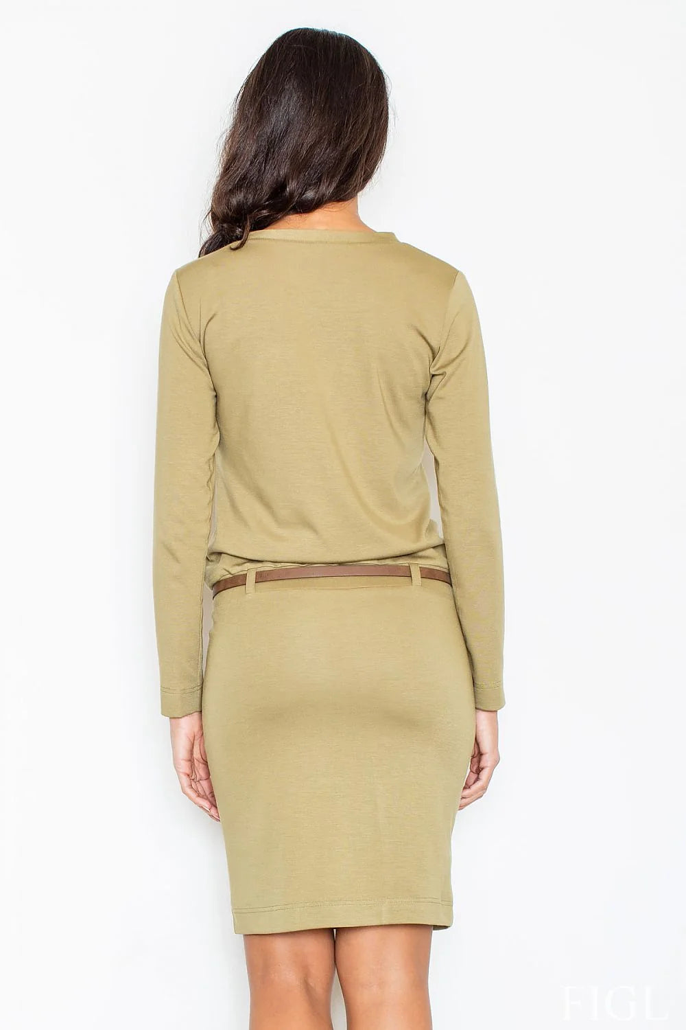 Robe kaki en coton élégante avec ceinture marron pour un style professionnel ajusté et chic