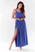 Robe longue coton élégante bleu vif fente haute décontractée silhouette mise en valeur été