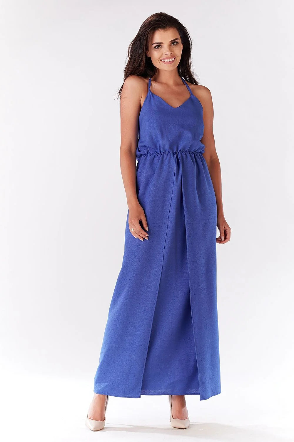 Robe longue coton élégante bleu vif fente haute décontractée silhouette mise en valeur été