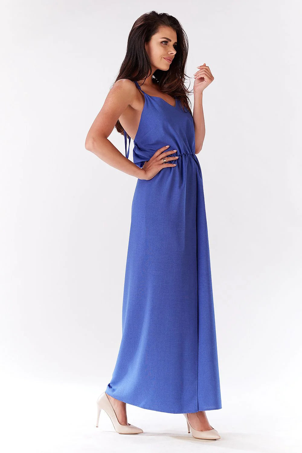 Robe longue coton élégante bleu vif fente haute décontractée silhouette mise en valeur été