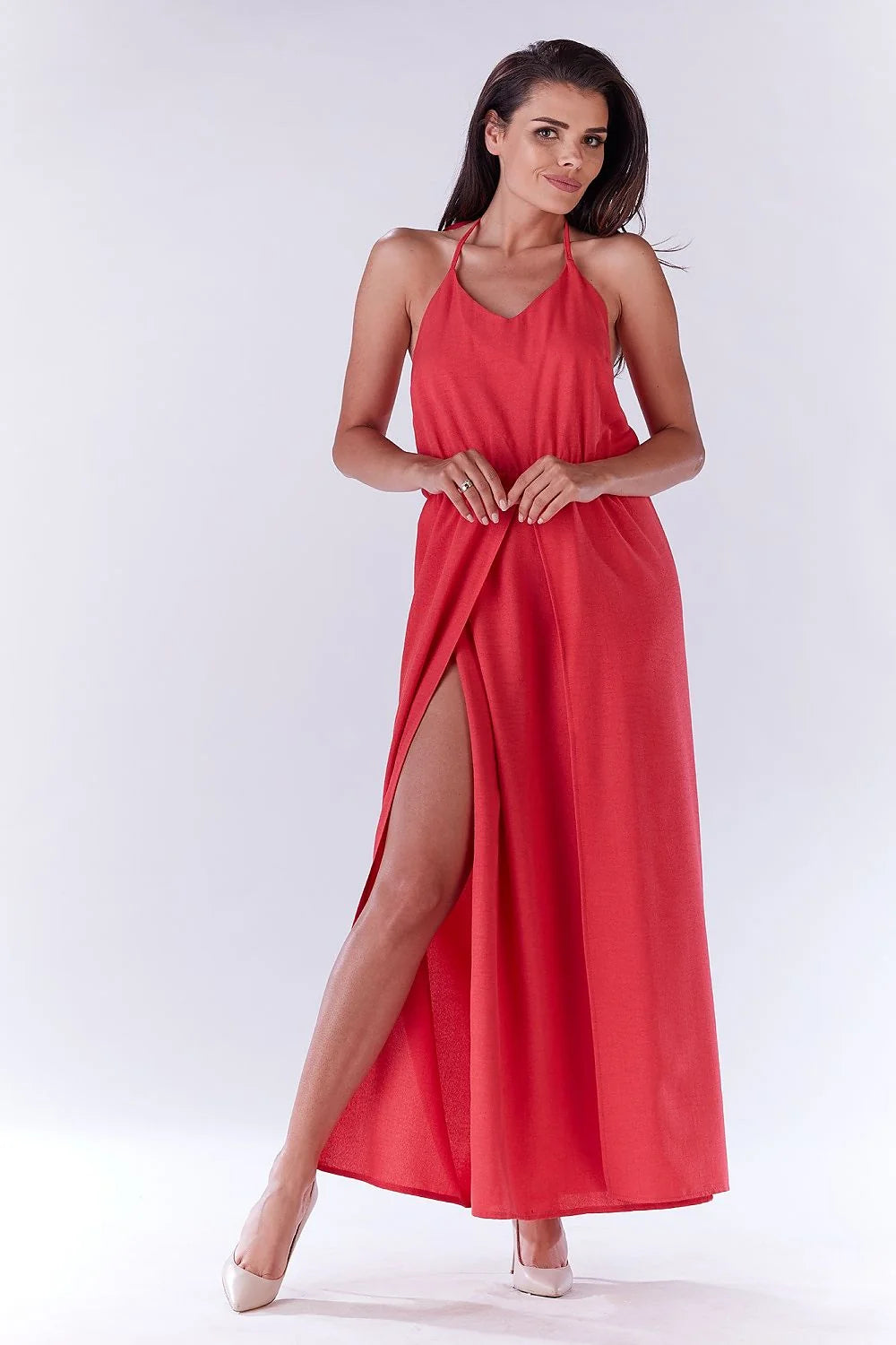 Robe longue en coton rouge élégante avec fente, bretelles fines, dos noué pour été
