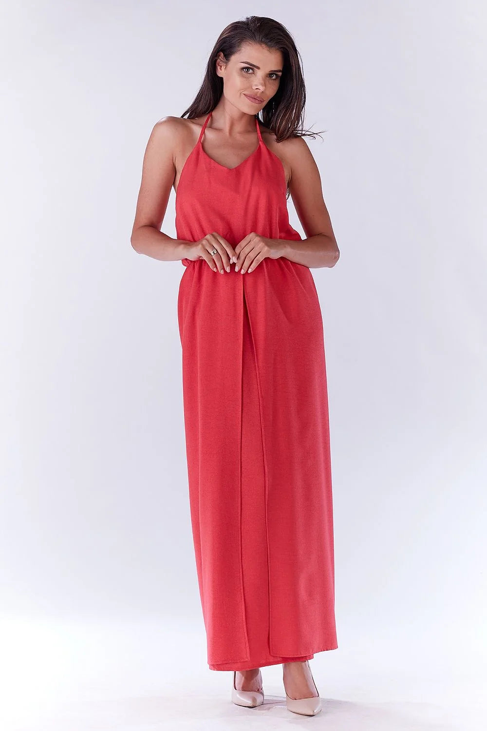 Robe longue en coton rouge élégante avec fente, bretelles fines, dos noué pour été