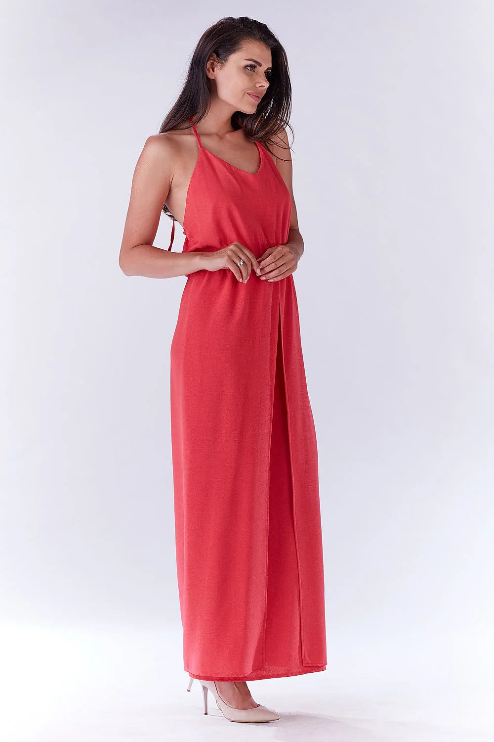 Robe longue en coton rouge élégante avec fente, bretelles fines, dos noué pour été