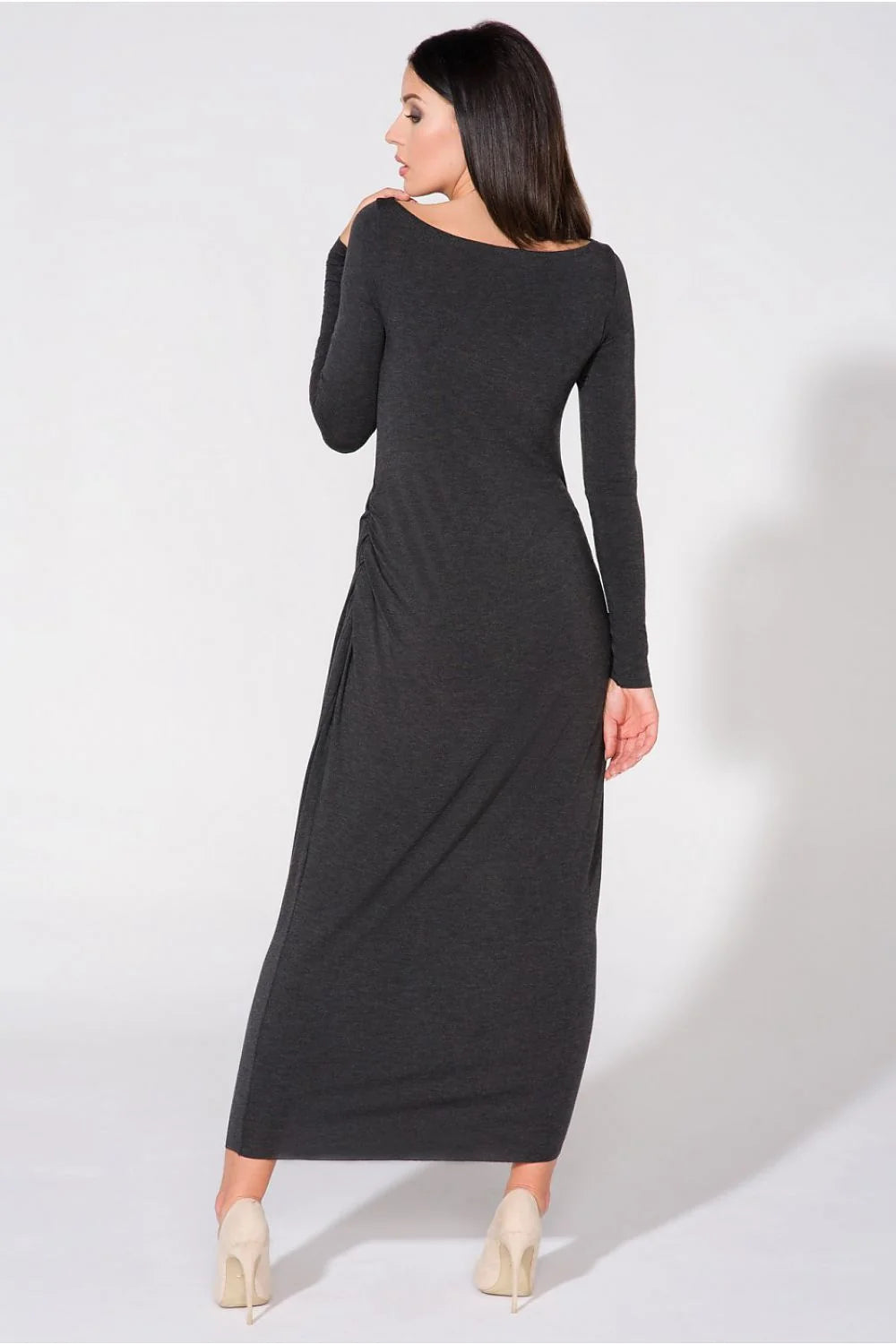 Robe longue en jersey gris foncé élégante ajustée classique manches longues pour soirées spéciales