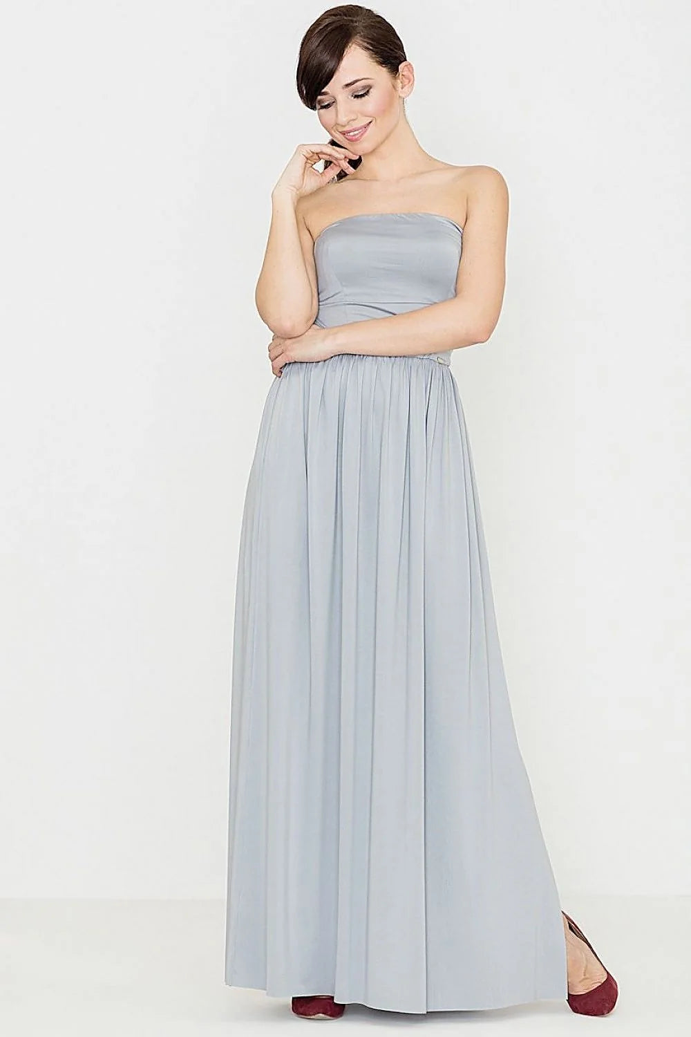 Robe longue grise en coton-polyester élégante sans bretelles pour soirées chics et raffinées femmes