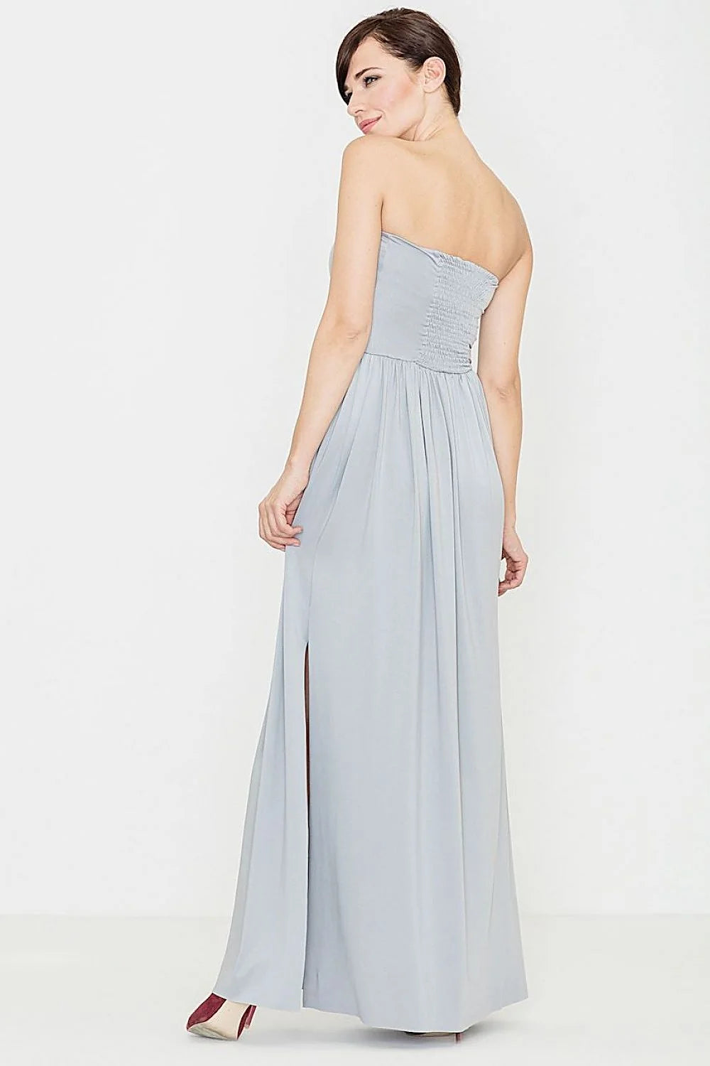 Robe longue grise en coton-polyester élégante sans bretelles pour soirées chics et raffinées femmes