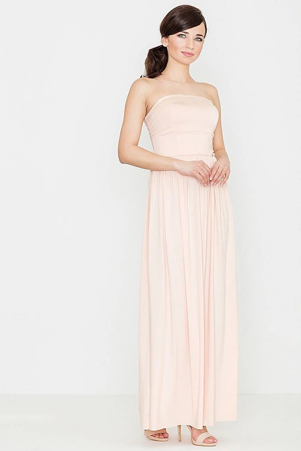 Robe longue grise en coton-polyester élégante sans bretelles pour soirées chics et raffinées femmes