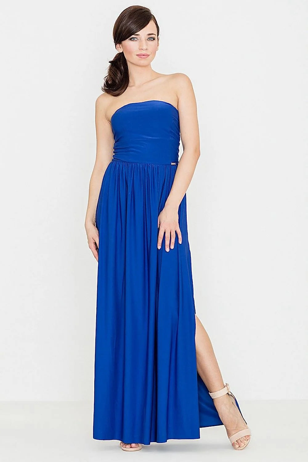 Robe longue grise en coton-polyester élégante sans bretelles pour soirées chics et raffinées femmes