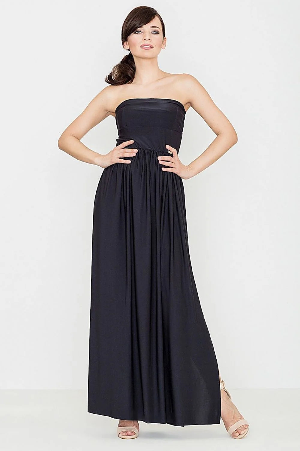 Robe longue grise en coton-polyester élégante sans bretelles pour soirées chics et raffinées femmes