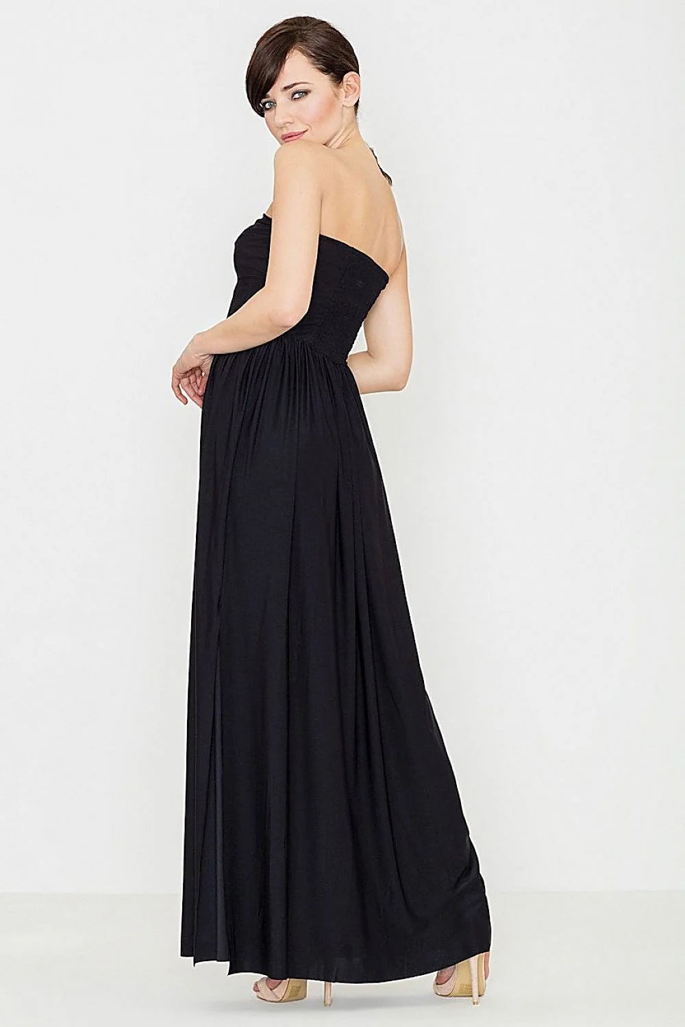 Robe longue grise en coton-polyester élégante sans bretelles pour soirées chics et raffinées femmes