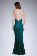Robe longue sirène dentelle verte émeraude élégante dos nu perles soirée glamour silhouette ajustée