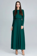 Robe longue verte polyester fluide élégante manches longues classique pour événements et sorties modernes
