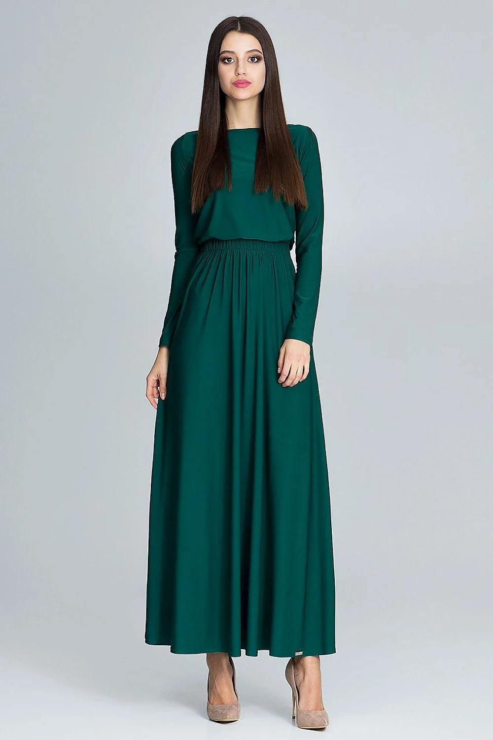 Robe longue verte polyester fluide élégante manches longues classique pour événements et sorties modernes