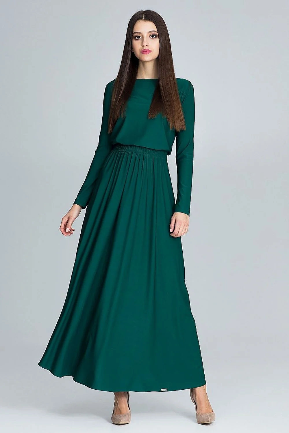 Robe longue verte polyester fluide élégante manches longues classique pour événements et sorties modernes