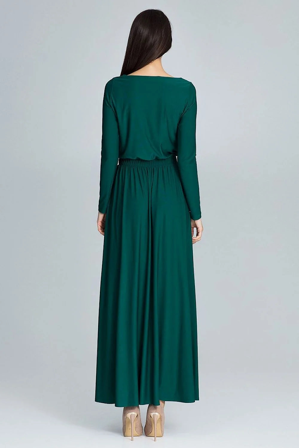 Robe longue verte polyester fluide élégante manches longues classique pour événements et sorties modernes