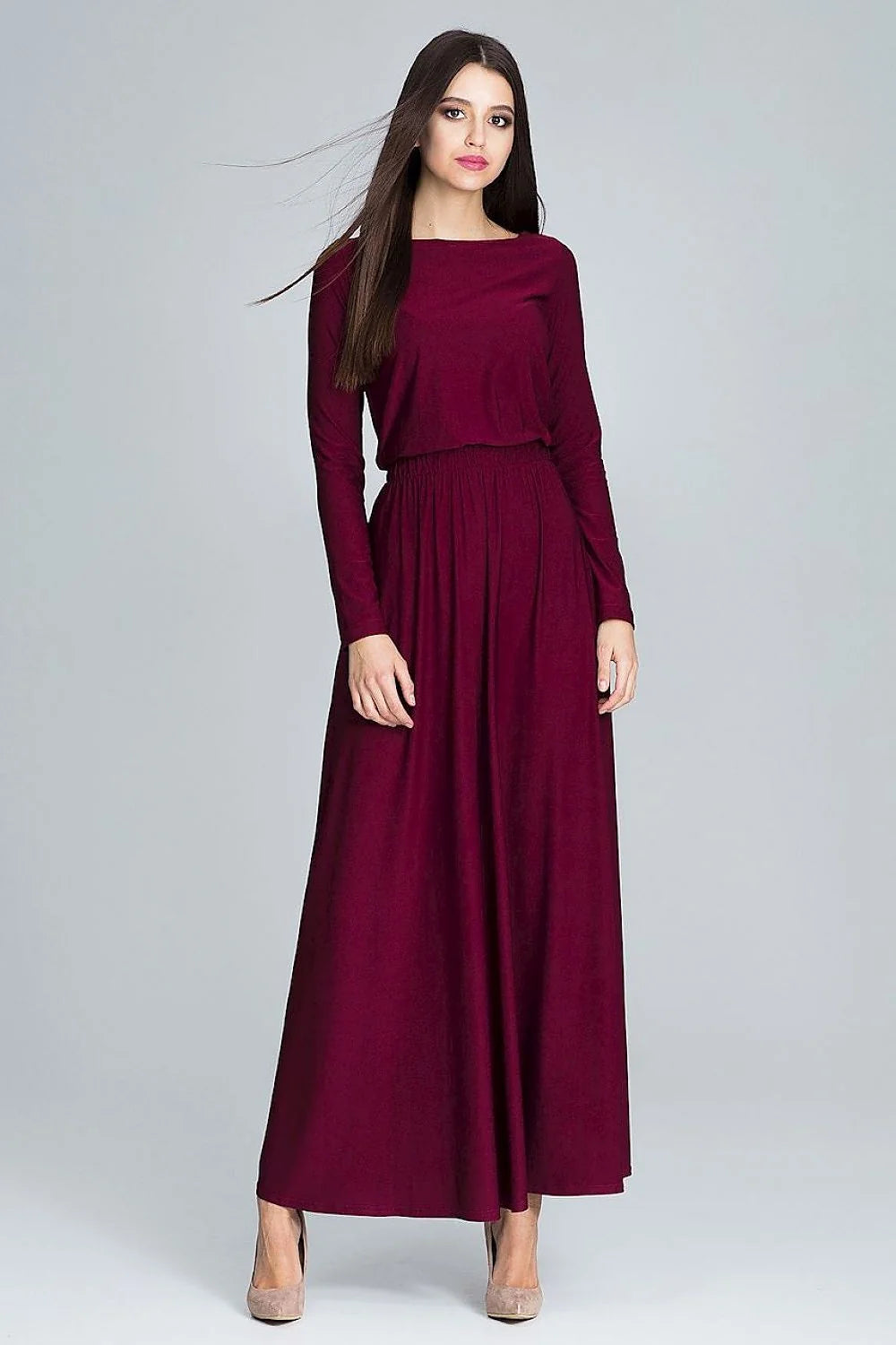 Robe longue verte polyester fluide élégante manches longues classique pour événements et sorties modernes