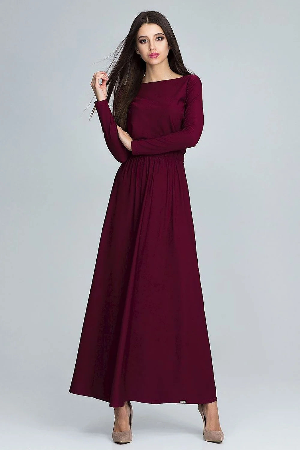 Robe longue verte polyester fluide élégante manches longues classique pour événements et sorties modernes
