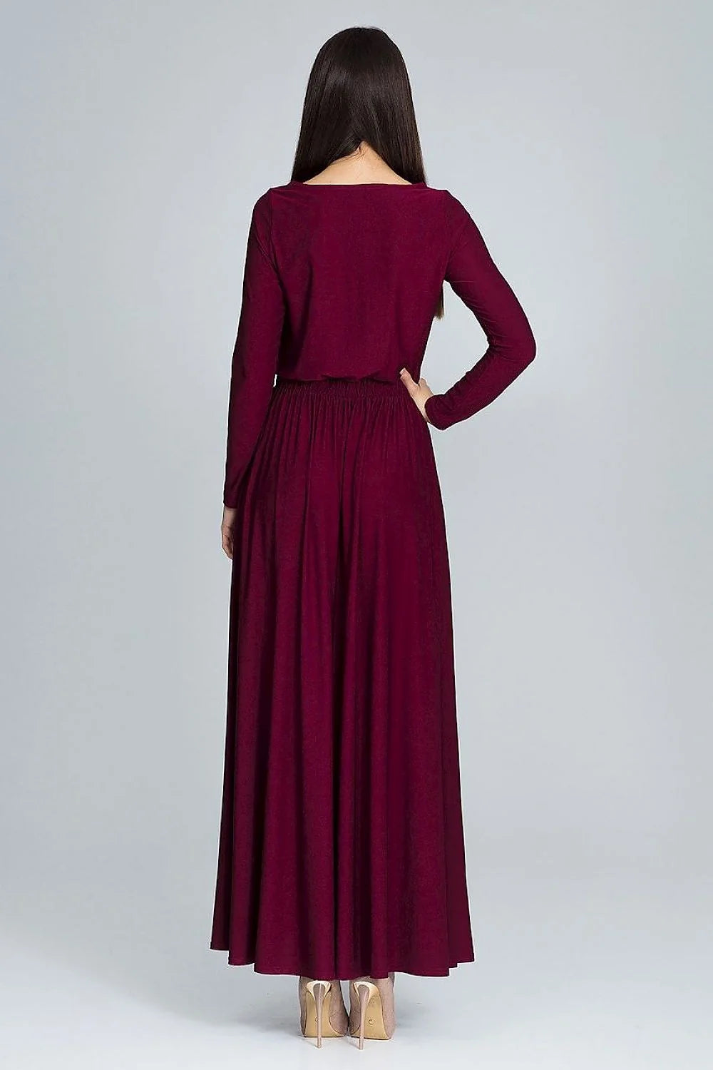 Robe longue verte polyester fluide élégante manches longues classique pour événements et sorties modernes