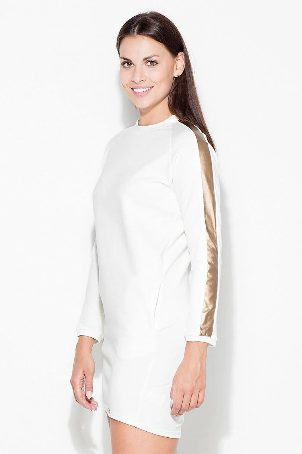 Robe mi-longue coton style moderne chic bandes dorées élégante tenue quotidienne femme tendance grise