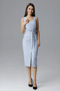 Robe mi-longue en coton bleu clair élégante sans manches avec ceinture pour événements professionnels