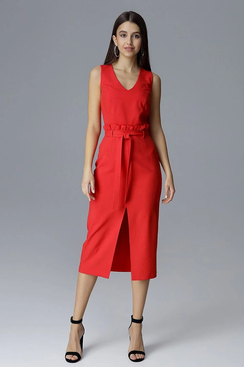 Robe mi-longue en coton bleu clair élégante sans manches avec ceinture pour événements professionnels
