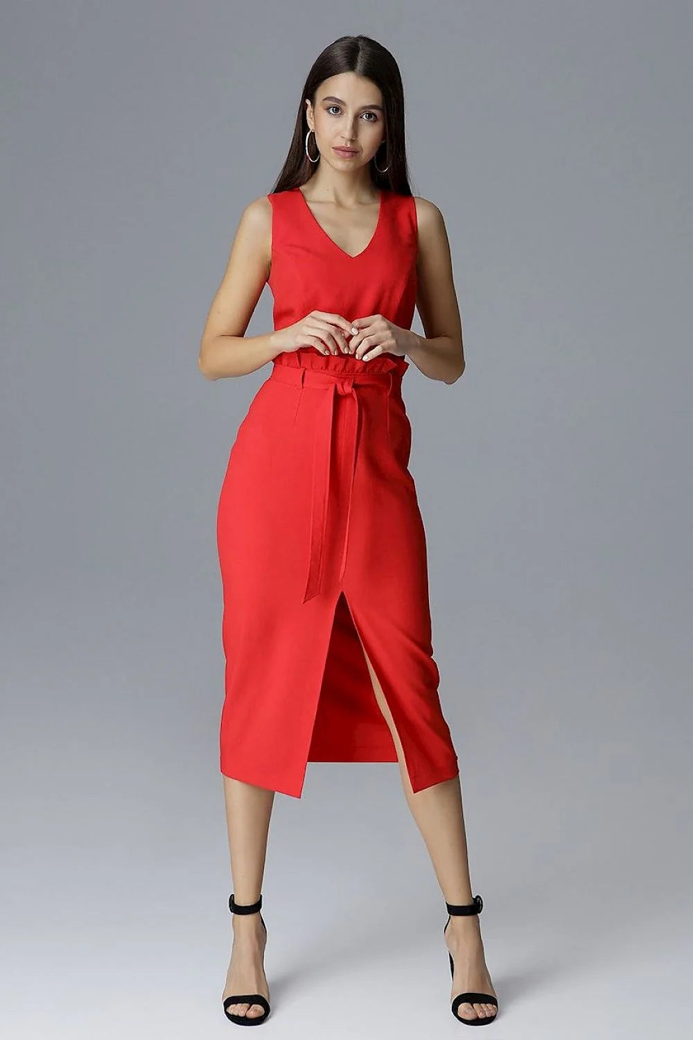 Robe mi-longue en coton bleu clair élégante sans manches avec ceinture pour événements professionnels