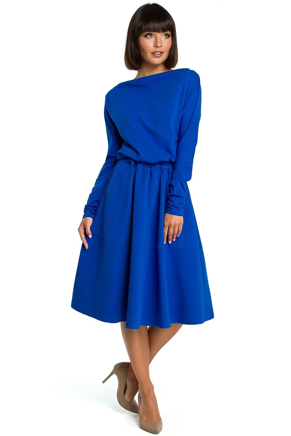 Robe mi-longue en polyester chic et confortable bleu électrique manches longues col bateau évasée
