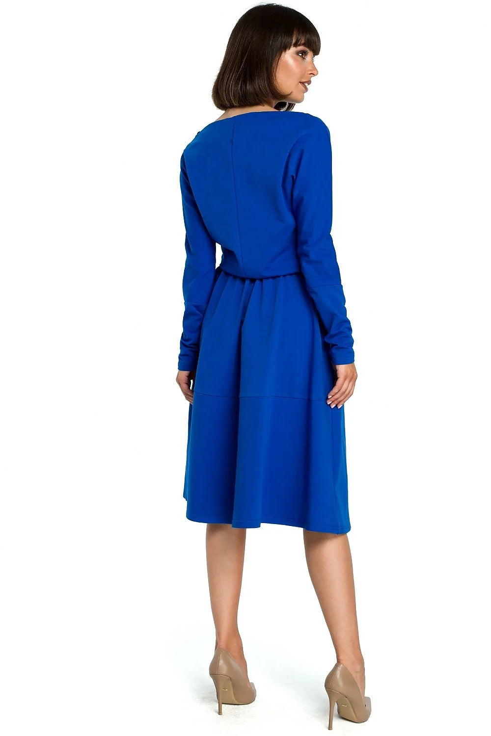 Robe mi-longue en polyester chic et confortable bleu électrique manches longues col bateau évasée