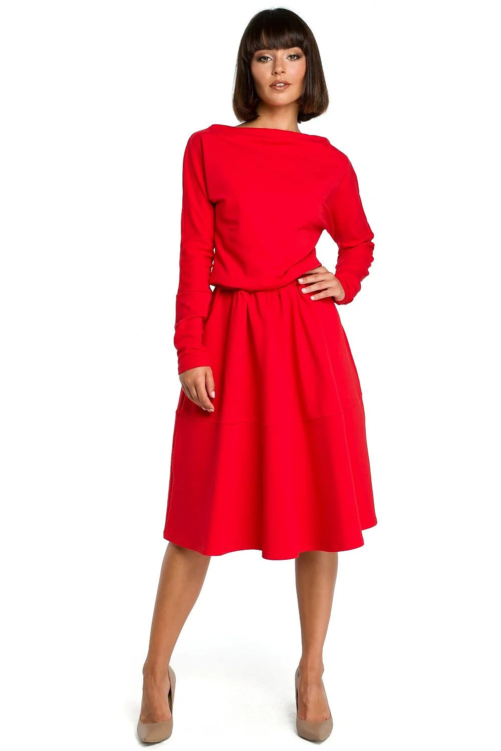 Robe mi-longue en polyester chic et confortable bleu électrique manches longues col bateau évasée