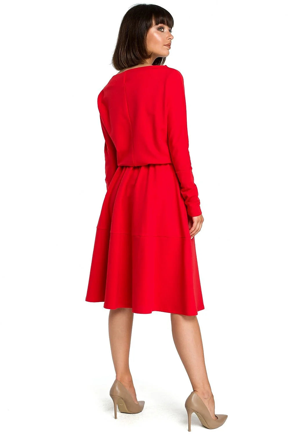 Robe mi-longue en polyester chic et confortable bleu électrique manches longues col bateau évasée