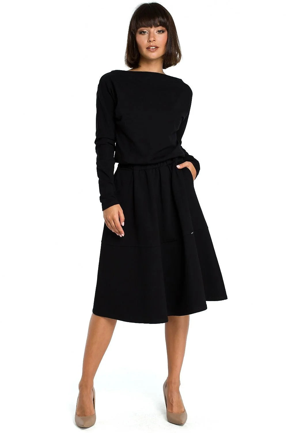 Robe mi-longue en polyester chic et confortable bleu électrique manches longues col bateau évasée