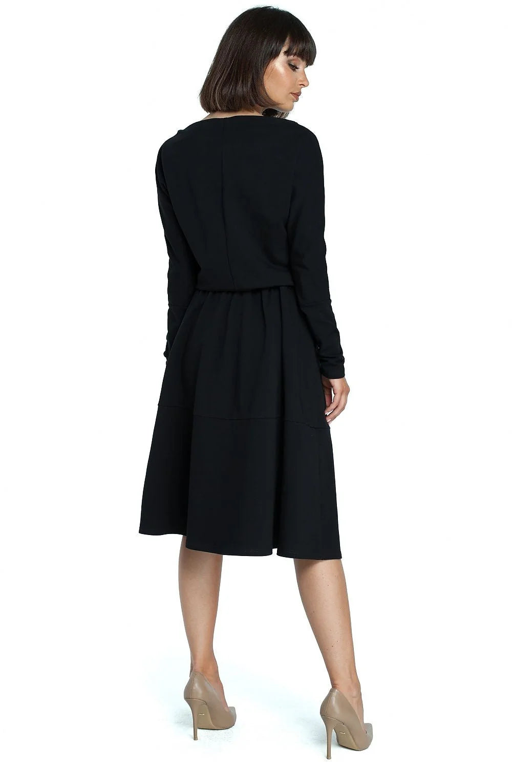 Robe mi-longue en polyester chic et confortable bleu électrique manches longues col bateau évasée