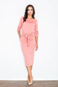 Robe midi coton décontractée élégante avec ceinture manches trois-quarts pour confort quotidien femme moderne