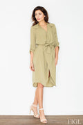 Robe midi élégante en tissu léger, col châle, manches trois-quarts, idéale pour sorties décontractées