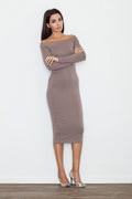 Robe midi taupe en jersey style casual élégante épaules dénudées manches longues soirée chic