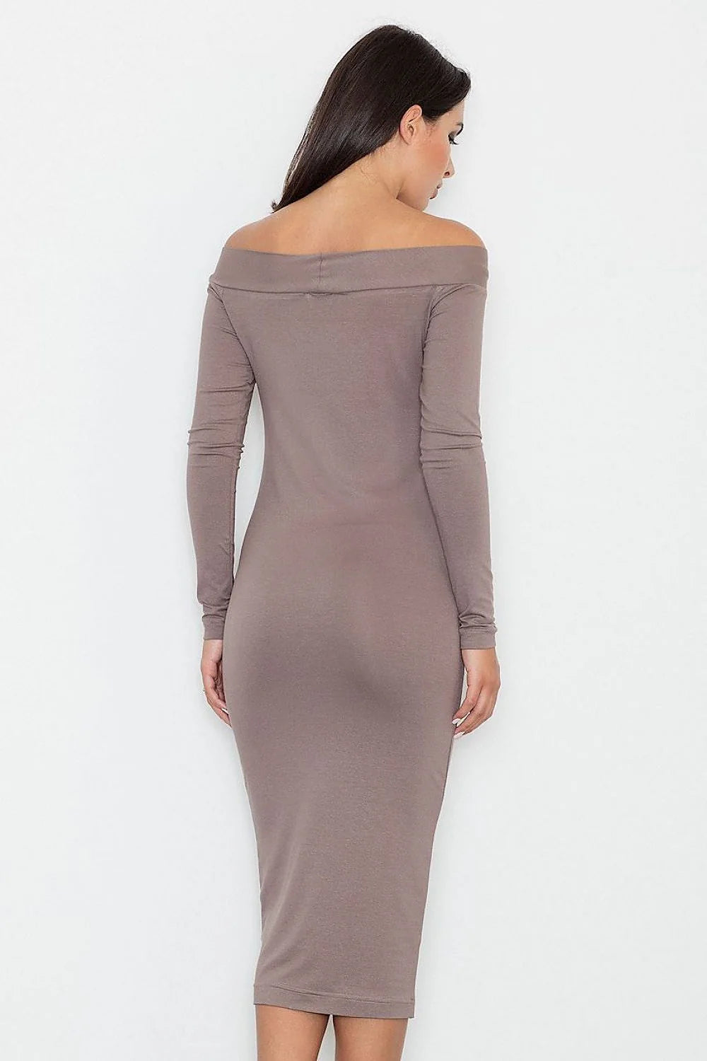 Robe midi taupe en jersey style casual élégante épaules dénudées manches longues soirée chic
