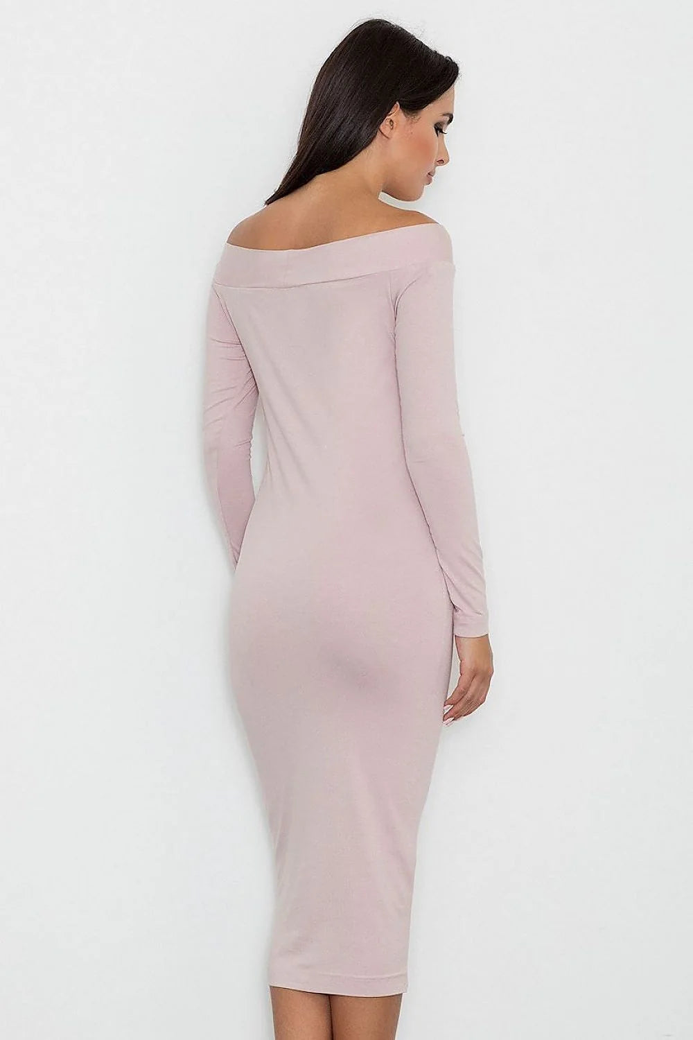 Robe midi taupe en jersey style casual élégante épaules dénudées manches longues soirée chic