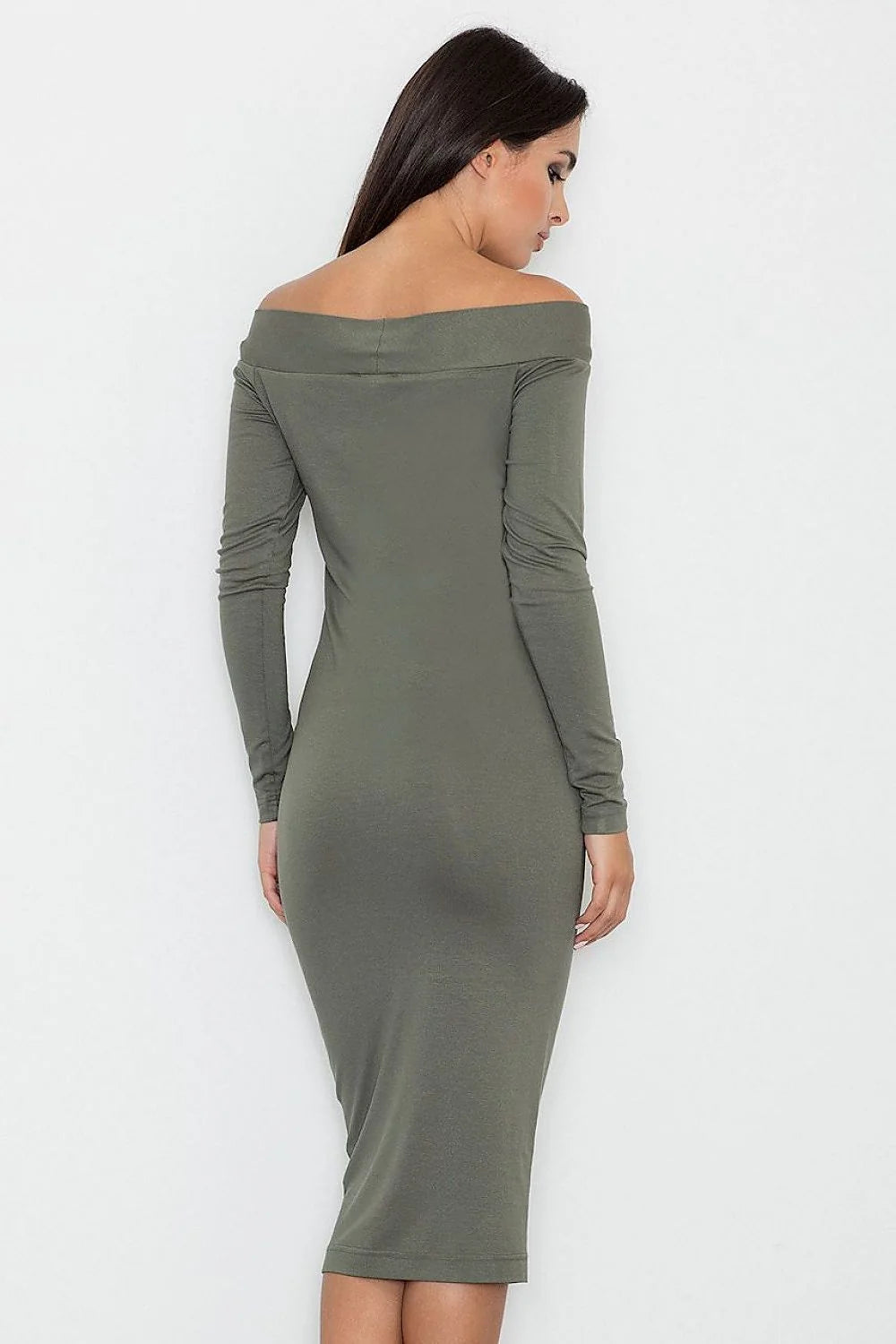Robe midi taupe en jersey style casual élégante épaules dénudées manches longues soirée chic