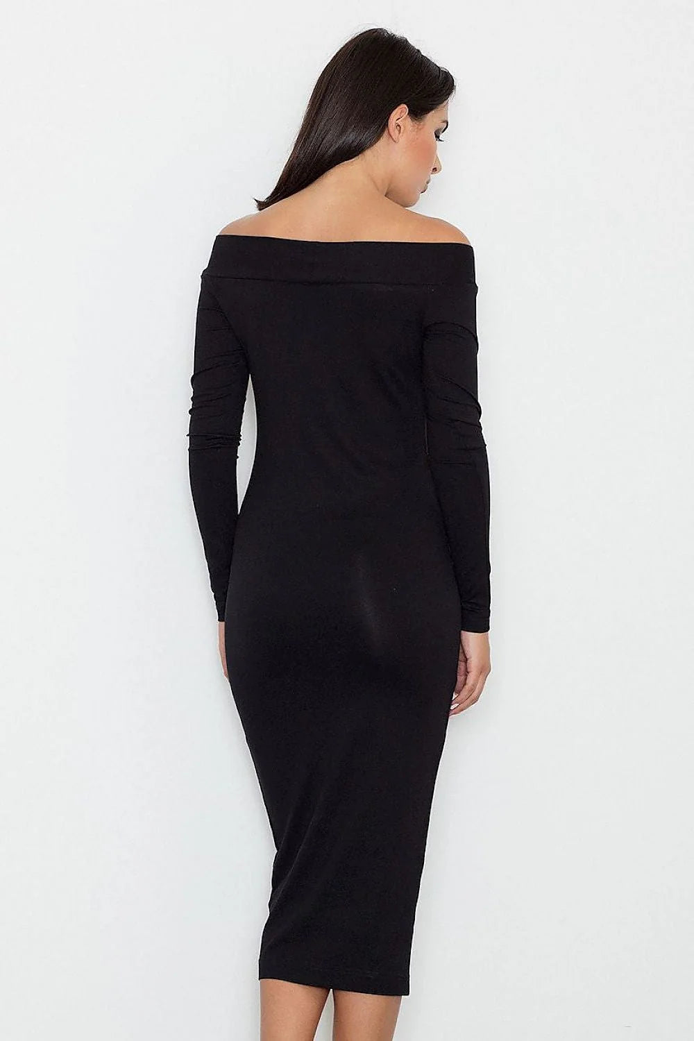 Robe midi taupe en jersey style casual élégante épaules dénudées manches longues soirée chic