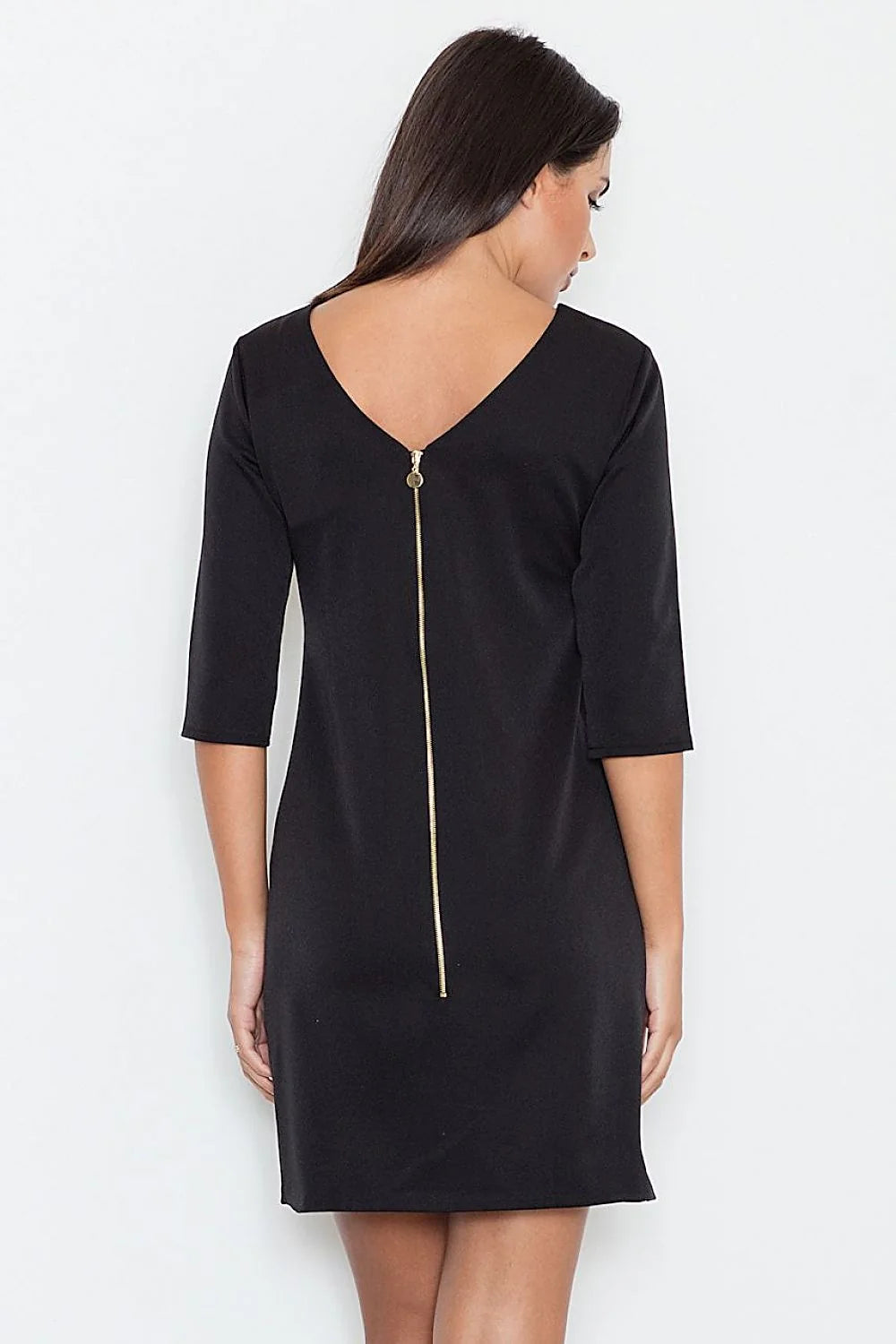 Robe noire coton style classique élégante coupe droite manches trois-quarts pour femmes modernes sophistiquées