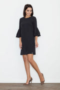 Robe noire élégante polyester manches volants coupe ample chic pour journée bureau ou soirée