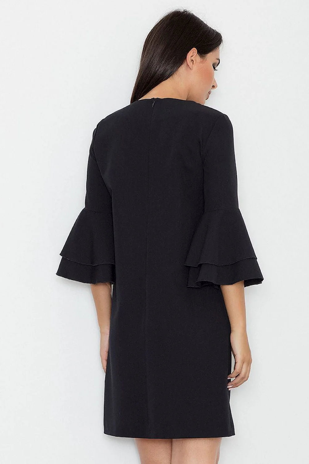 Robe noire élégante polyester manches volants coupe ample chic pour journée bureau ou soirée