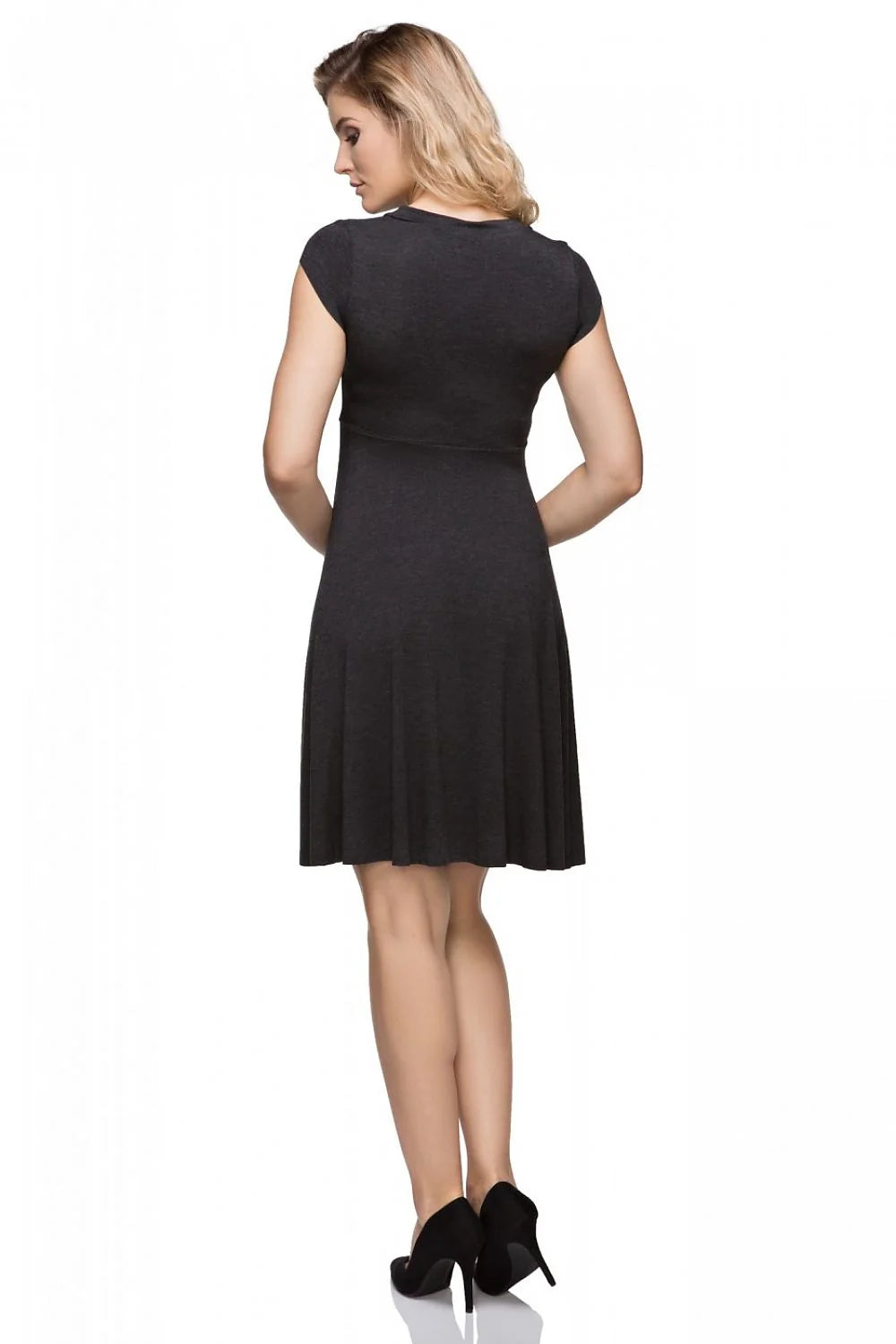 Robe noire en jersey décontractée et confortable manches courtes évasée décolleté V soirées élégantes femmes